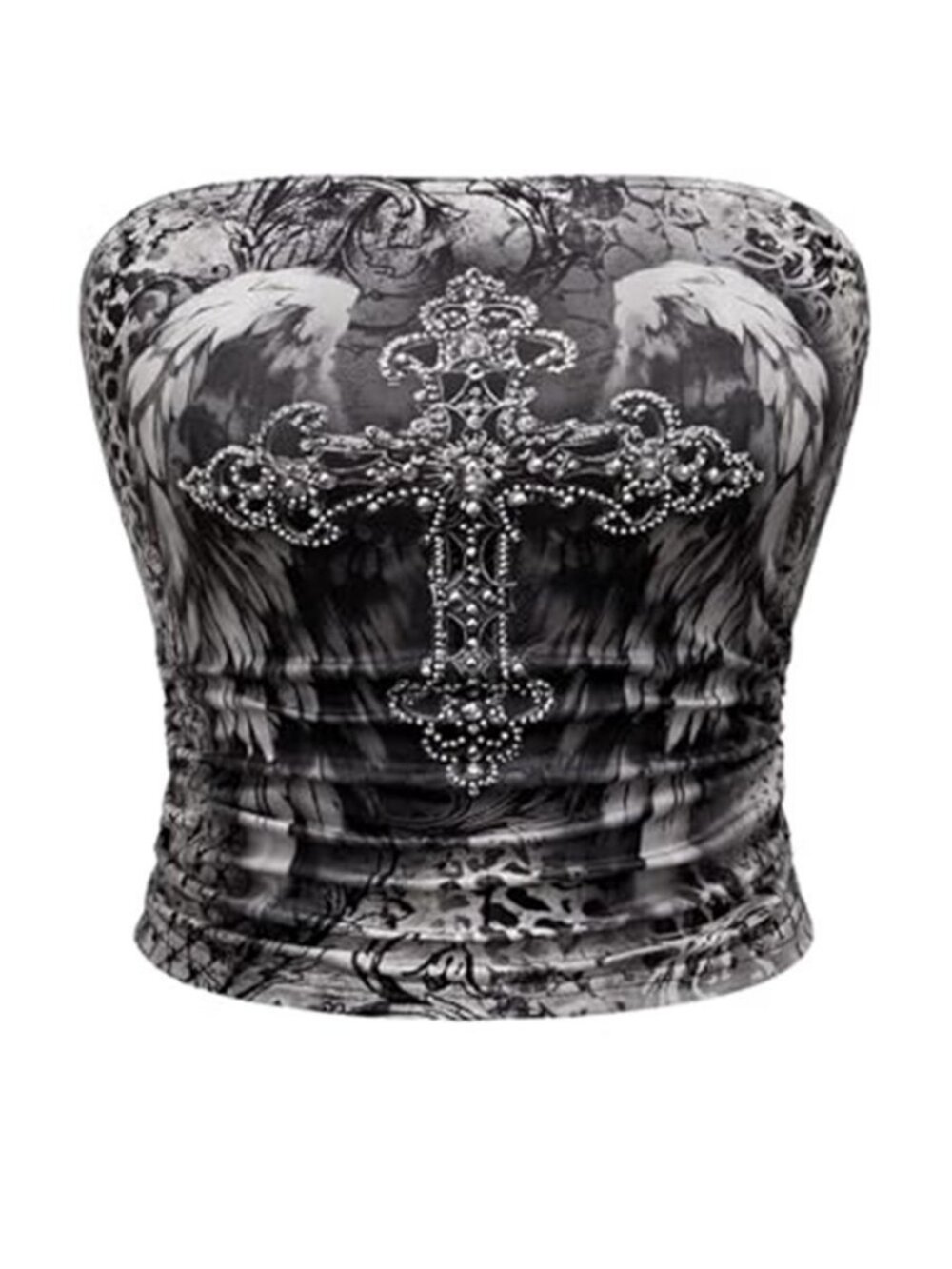 Women's Strapless Rhinestone Cross Print Goth Punk Y2k Ruched Crop Tube